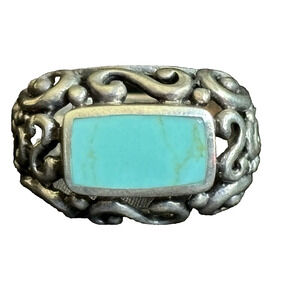 Vintage Sterling Silver & Turquoise Statement Ring Size 6.5 Scrollwork .60" Wide